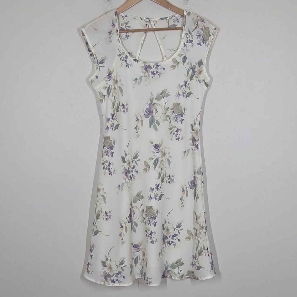 Vtg 90s Cream Purple Floral Mini Dress Cutout Back 9/10 Fairy Garden Grunge Boho